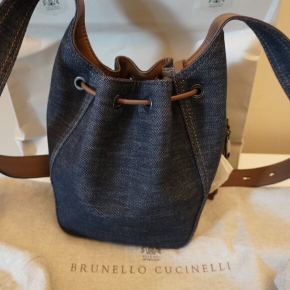 Brunello Cucinelli Denim Duo Bucket Bag with Leather Coin New Tag Sleeper $3,300 - Picture 3 of 13